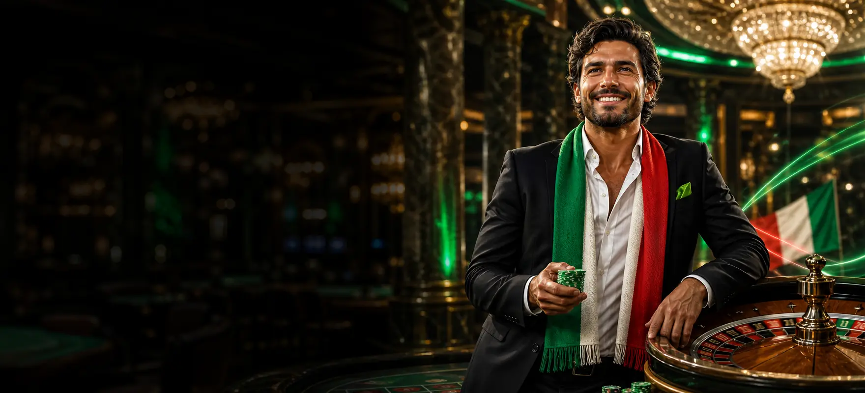 Uomo elegante con abito nero e sciarpa tricolore appoggiato a un tavolo della roulette con fiches verdi in un casinò di lusso