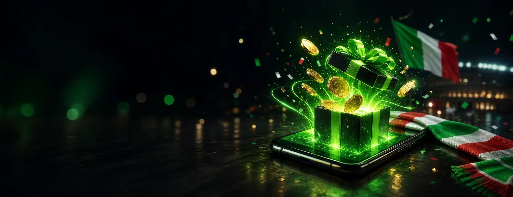 Smartphone su un tavolo scuro da cui esce una scatola regalo nera con nastro verde e monete d'oro