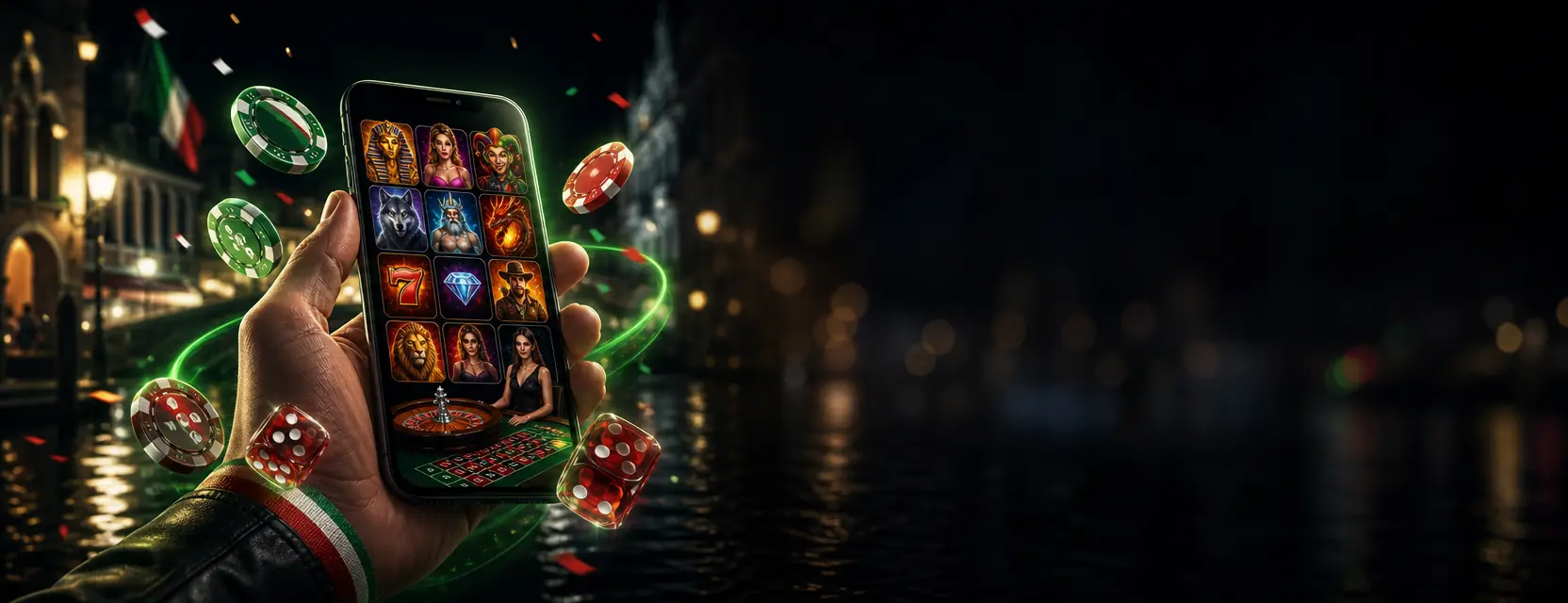 Mano che tiene uno smartphone con la lobby del casinò, slot e roulette, circondato da fiches e dadi