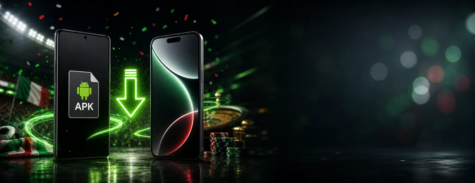 Smartphone Android e iPhone affiancati con una freccia di download verde e un file con la scritta APK