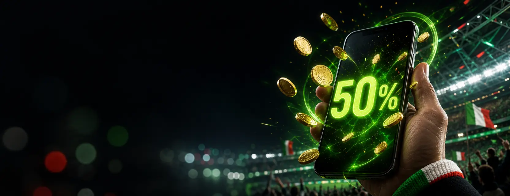 Mano che tiene uno smartphone con un grande 50% verde luminoso e monete d'oro