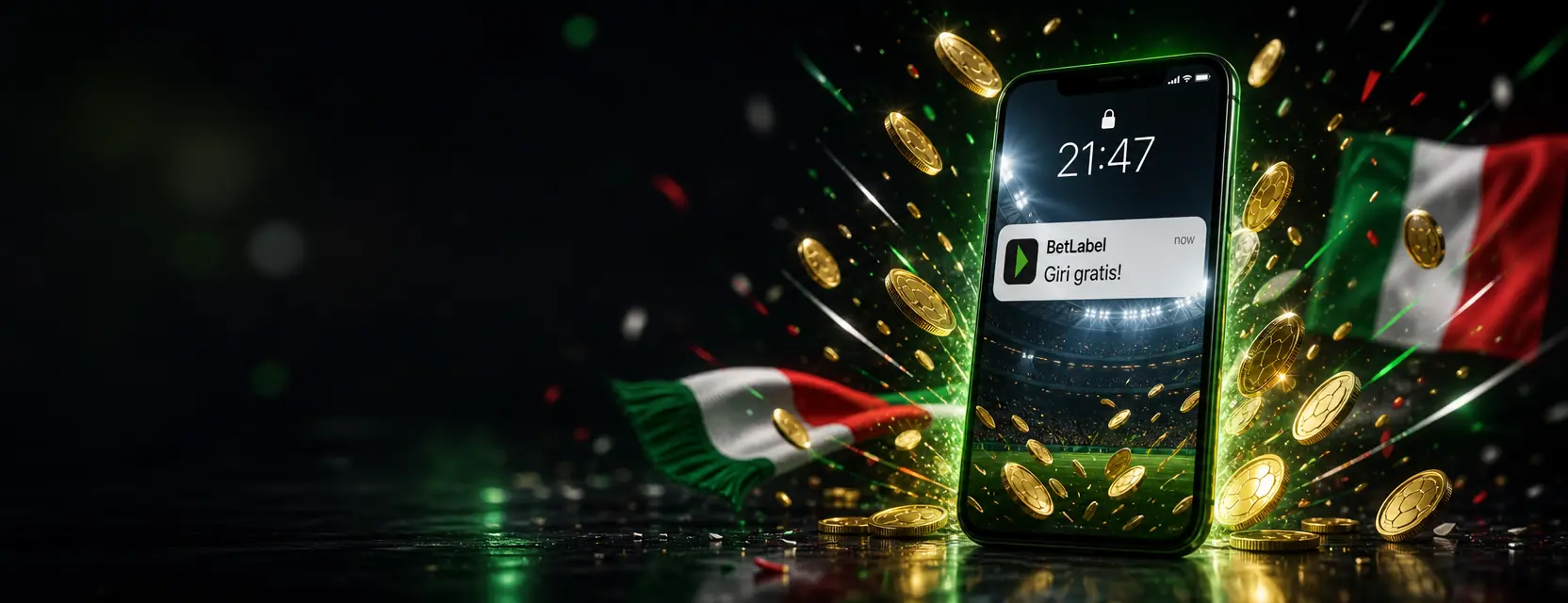 Smartphone con una notifica dell'app BetLabel con la scritta Giri gratis e monete d'oro che escono dallo schermo