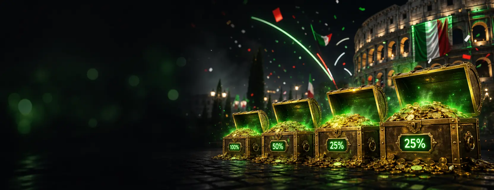 Quattro forzieri dorati sempre più grandi con le etichette 100%, 50%, 25% e 25% pieni di monete
