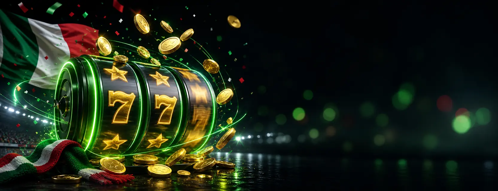 Rulli di slot luminosi con stelle e sette dorati e monete d'oro che volano