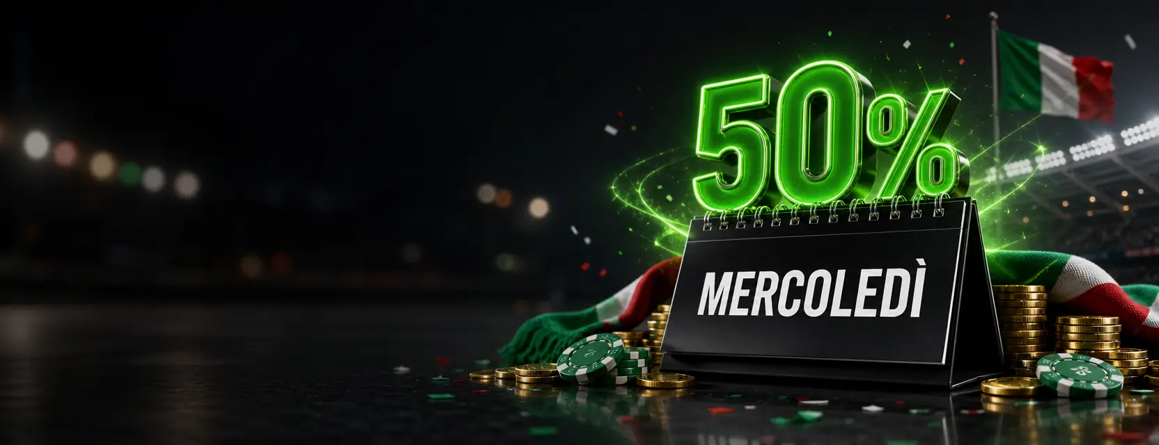 Calendario da tavolo con la scritta MERCOLEDÌ e un grande 50% verde luminoso tra monete d'oro e fiches