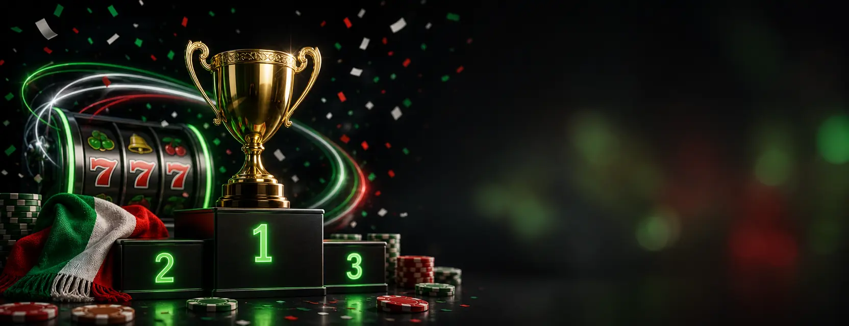 Coppa d'oro su un podio con i gradini 1, 2 e 3 accanto a rulli di slot e fiches