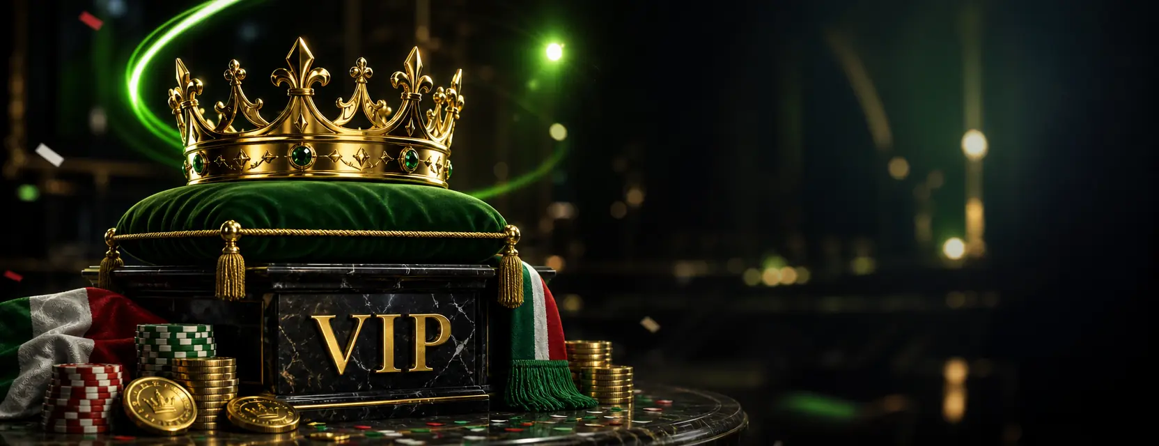 Corona d'oro su un cuscino di velluto verde sopra un piedistallo di marmo con la scritta VIP, tra fiches e monete
