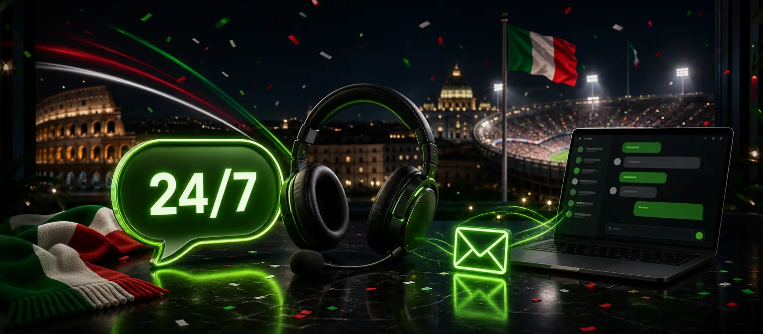 Cuffie con microfono, nuvoletta di chat verde con la scritta 24/7 e una busta e-mail luminosa