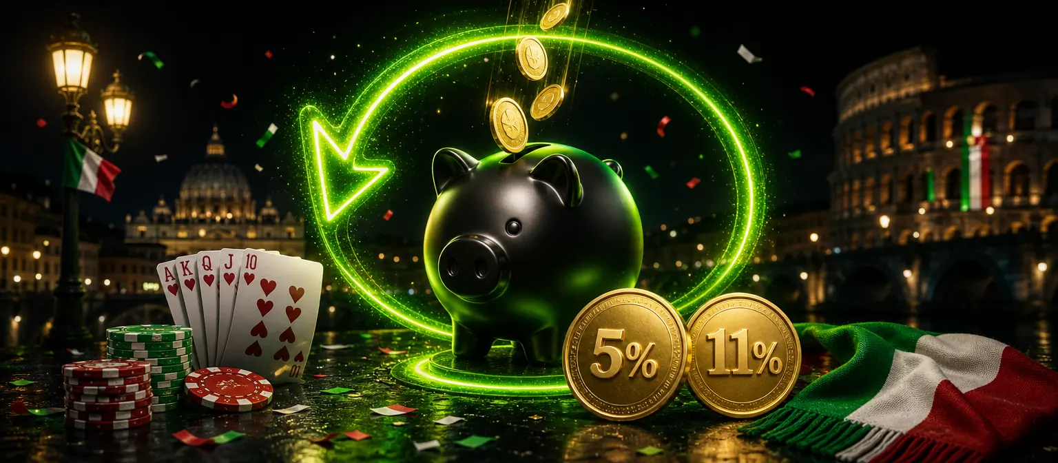 Salvadanaio nero con monete d'oro che tornano lungo una freccia verde e due monete con le scritte 5% e 11%