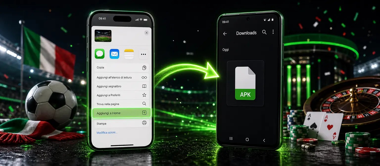 iPhone con la voce Aggiungi a Home evidenziata e telefono Android con un file APK, collegati da una freccia di download