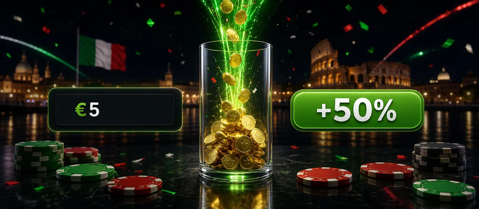 Cilindro di vetro che si riempie di monete d'oro, un campo di deposito con €5 e un pulsante verde +50%