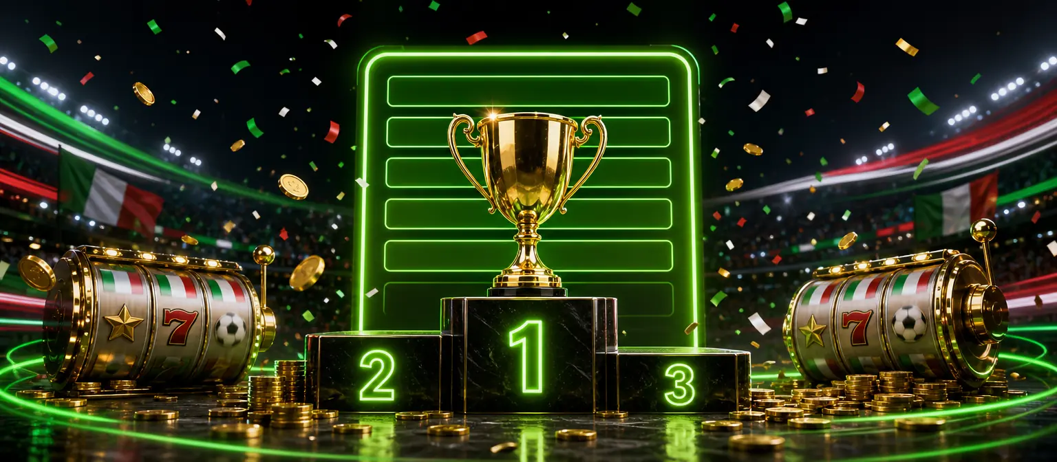 Coppa d'oro su un podio con i gradini 1, 2 e 3, rulli di slot e una classifica luminosa